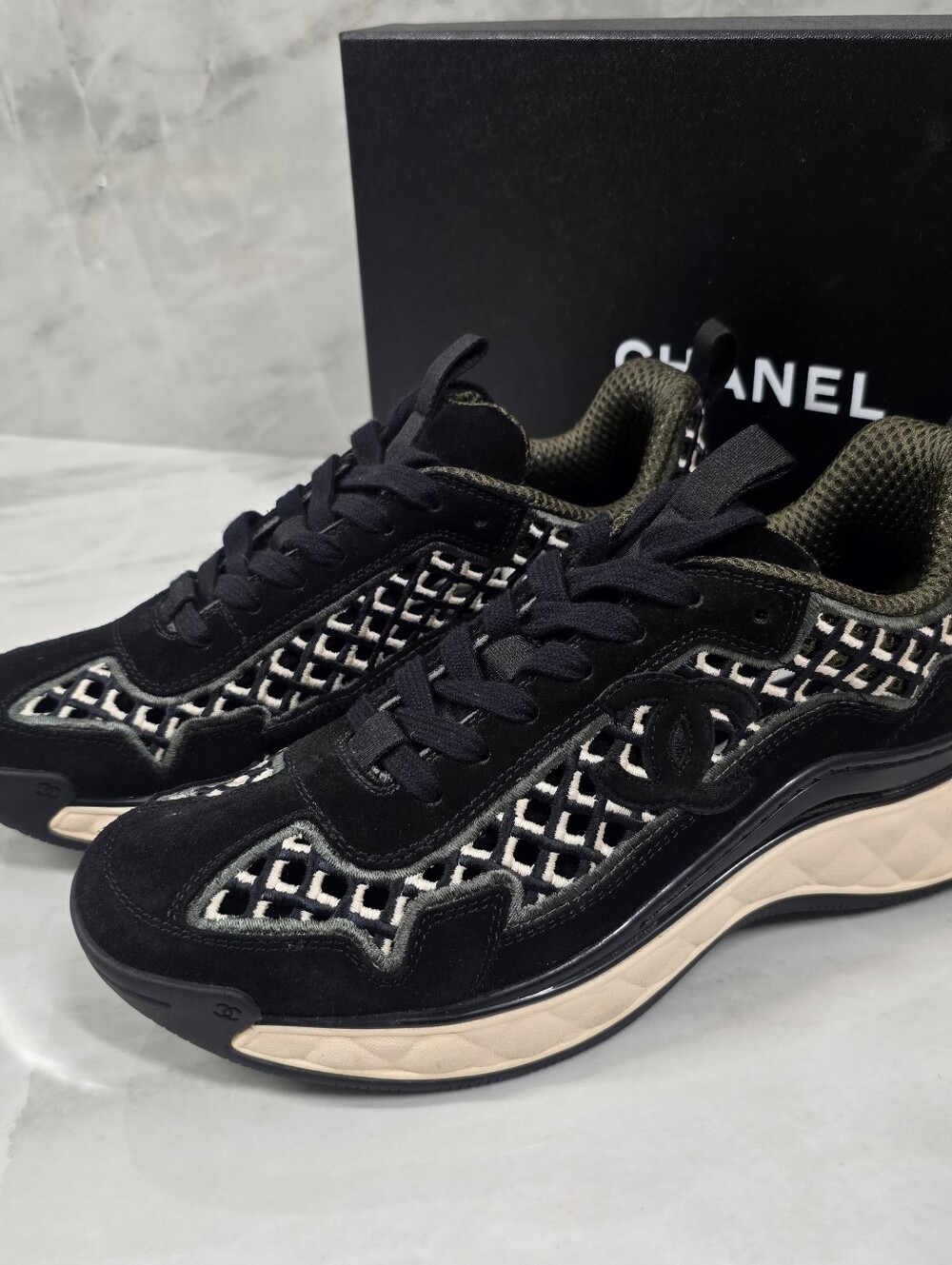 CHANEL Black & Beige Lattice-Panel Sneakers